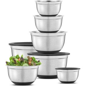 imageJoyJolt Stainless Steel Mixing Bowls with Airtight Lids 7 Piece Nesting Bowls Set for Kitchen with Measurement Marks NonSlip Bottoms Cooking Baking Prepping Storage 754315175QT Black
