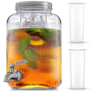 imageFluted 1Gallon Drink Dispenser Glass Beverage Dispenser with Stainless steel Spigot plus Ice Cylinder and Fruit Infuser Water Dispenser Lemonade Stand Juice Container  Dispensers for Parties