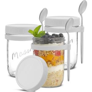 imageJoyJolt 3Pack Glass Overnight Oats Jars with Lids and Spoons Set 16 oz Mason Jars for Overnight Oats Chia Pudding Jars with Lids  BPAFree Leak Proof Small Containers with Lids for Meal PrepWhite