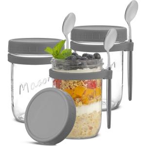 imageJoyJolt 3Pack Glass Overnight Oats Jars with Lids and Spoons Set 16 oz Mason Jars for Overnight Oats Chia Pudding Jars with Lids  BPAFree Leak Proof Small Containers with Lids for Meal PrepGrey
