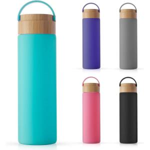 imageJoyJolt Borosilicate Glass Water Bottle with Strap Silicone Sleeve and Lid Purple 20oz Water Bottles Reusable Water Bottle Juice Bottles Smoothie Bottle Dishwasher Safe Clear Glass TumblerTurquoise