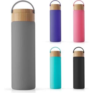 imageJoyJolt Borosilicate Glass Water Bottle with Strap Silicone Sleeve and Lid Purple 20oz Water Bottles Reusable Water Bottle Juice Bottles Smoothie Bottle Dishwasher Safe Clear Glass TumblerGrey