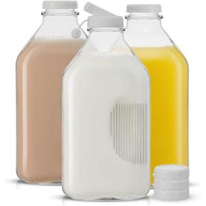 imageJoyJolt Glass Milk Bottles with Lids and Pourer  32 Oz 3 Pack Airtight Heavy Duty Reusable Glass Bottles Leakproof BPAFree Food Grade Dishwasher Safe Jug Pitcher for Milk Juice and Water64 Oz