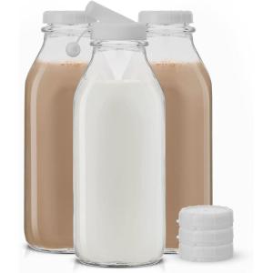 imageJoyJolt Glass Milk Bottles with Lids and Pourer  32 Oz 3 Pack Airtight Heavy Duty Reusable Glass Bottles Leakproof BPAFree Food Grade Dishwasher Safe Jug Pitcher for Milk Juice and Water32 Oz