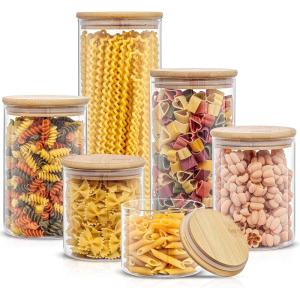 imageJoyJolt Borosilicate Glass Jars With Bamboo Lids 6 Pc Set of Air Tight Sealable Containers Food Jar Canisters with Airtight Lid for Pantry Storage and Kitchen OrganizationBamboo Covers