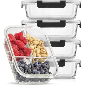 imageJoyJolt Divided Food Storage Containers with Lids Airtight 5 Pack Glass Meal Prep Containers 3 Compartment Set Glass Bento Box Reusable Food Containers Portion Control Containers for Weight LossBlack