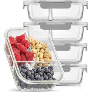 imageJoyJolt Divided Food Storage Containers with Lids Airtight 5 Pack Glass Meal Prep Containers 3 Compartment Set Glass Bento Box Reusable Food Containers Portion Control Containers for Weight LossGray
