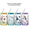 imageJoyJolt Disney Winnie the Pooh ampamp Friends Flower Power Glass Tumblers with Lids and Straws 16oz Glass Cups with Lids and Straws Can Shaped Drinking Glasses Set of 4 Disney Gifts for AdultsPrincess