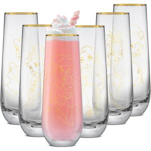 imageJoyJolt Disney Princess Sketch Stemless Flutes 95oz Glass Cups ft Princes Jasmine Ariel Belle Cinderella Tiana Rapunzel Kitchen Glassware Set of 6 Disney Gifts for Adults