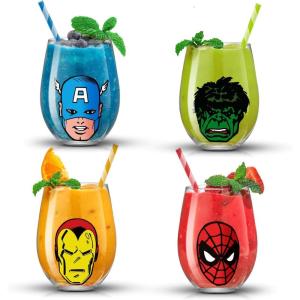 imageJoyJolt Disney Stitch Silly Sips Stemless Drinking Glasses 19oz Teardrop Glass Cups Glass Tumbler Cup Set of 4 Stitch Stuff Lilo and Stitch Gifts Disney Gifts for AdultsMarvel Heroes