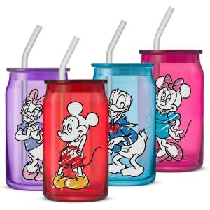 imageJoyJolt Disney Winnie the Pooh ampamp Friends Flower Power Glass Tumblers with Lids and Straws 16oz Glass Cups with Lids and Straws Can Shaped Drinking Glasses Set of 4 Disney Gifts for AdultsMickey Mouse