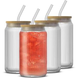 imageJoyJolt Disney Winnie the Pooh ampamp Friends Flower Power Glass Tumblers with Lids and Straws 16oz Glass Cups with Lids and Straws Can Shaped Drinking Glasses Set of 4 Disney Gifts for AdultsClear Glasses