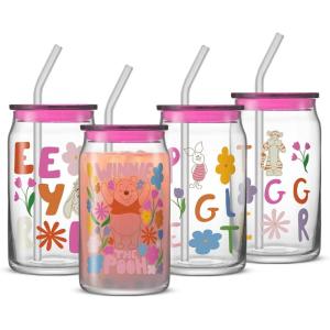 imageJoyJolt Disney Winnie the Pooh ampamp Friends Flower Power Glass Tumblers with Lids and Straws 16oz Glass Cups with Lids and Straws Can Shaped Drinking Glasses Set of 4 Disney Gifts for AdultsWinnie the Pooh