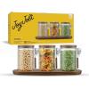imageJoyJolt Holden 14oz Stackable Glass Storage Containers with Lids and Wooden Tray Small Airtight Food Canister Set of 3 with Acacia Wood Lids Round Clear Stacking Pantry and Kitchen ContainersJW10580