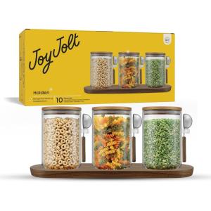 imageJoyJolt Holden 14oz Stackable Glass Storage Containers with Lids and Wooden Tray Small Airtight Food Canister Set of 3 with Acacia Wood Lids Round Clear Stacking Pantry and Kitchen ContainersJW10580