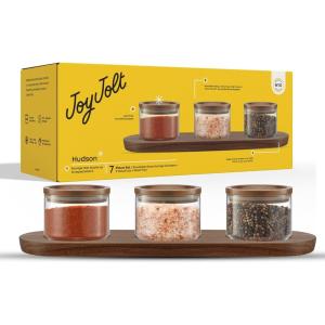 imageJoyJolt Holden 14oz Stackable Glass Storage Containers with Lids and Wooden Tray Small Airtight Food Canister Set of 3 with Acacia Wood Lids Round Clear Stacking Pantry and Kitchen Containers14oz