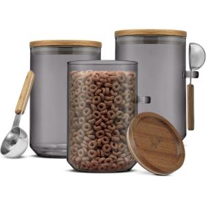 imageJoyJolt Holden 32oz Stackable Glass Storage Containers with Lids and Scoops Airtight Food Canister Set of 3 wAcacia Wood Lids Round Stacking Pantry and Kitchen Containers wScoop  SmokeSmoke