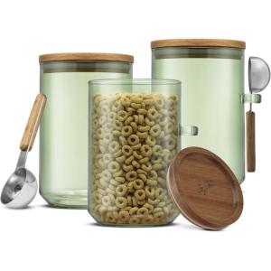 imageJoyJolt Holden 32oz Stackable Glass Storage Containers with Lids and Scoops Airtight Food Canister Set of 3 wAcacia Wood Lids Round Stacking Pantry and Kitchen Containers wScoop  SmokeSage Green