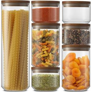 imageJoyJolt Holden 7Piece Stackable Glass Storage Containers with Lids Airtight Food Canister Set with Acacia Wood Lids Round Stacking Pantry and Kitchen Containers for Pasta Flour Sugar Coffee