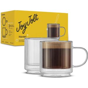 image:imageJoyJolt Haven Stackable Fluted Glass Mugs Set of 2 Ribbed Double Wall Insulated Coffee Cups 135oz Clear MugsFluted