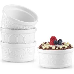 image:imageJoyJolt Small Ramekins 4 oz Oven Safe Bowls White Embossed Porcelain Ceramic Ramekin Set of 4 Creme Brulee Ramekins Souffle Cups Custard Cups Charcuterie Bowls Sauce Cups Gratin Ramiken
