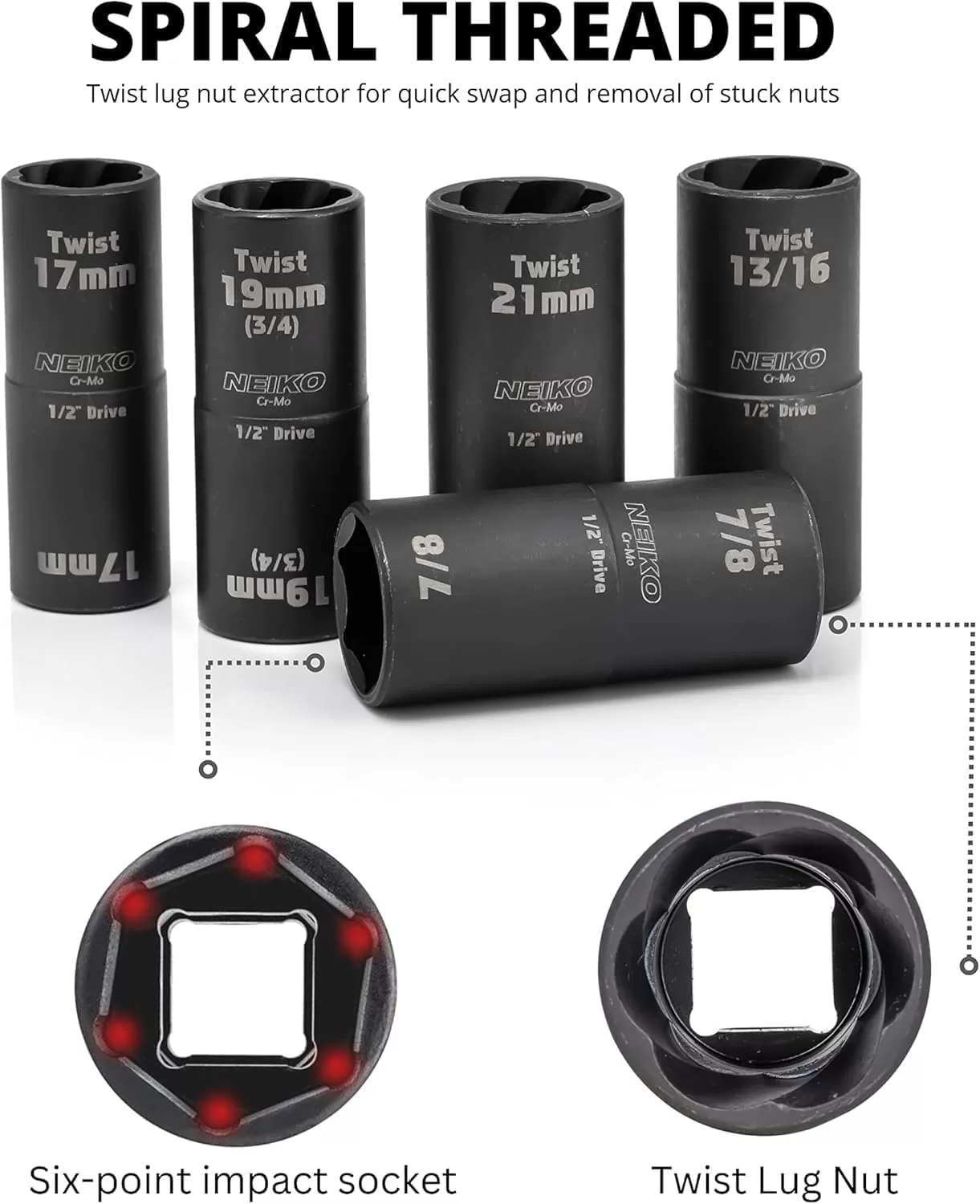 imageNEIKO 02282B 12InchDrive Impact Socket Set Flip Socket Set Chrome Moly Steel Includes 3Inch Bar Extension 8 Deep SAE and Metric Sizes 5 PiecesFlip Socket