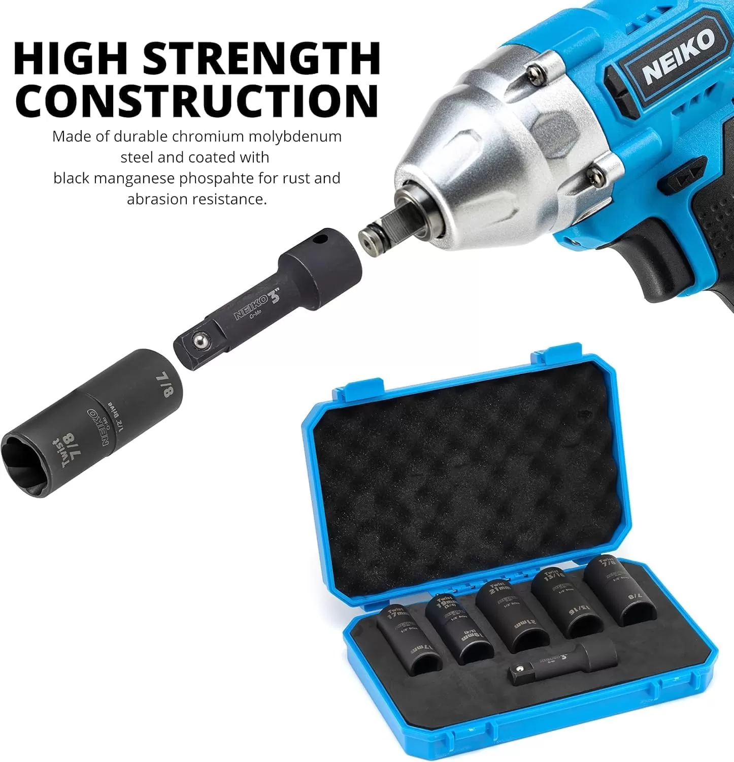 imageNEIKO 02282B 12InchDrive Impact Socket Set Flip Socket Set Chrome Moly Steel Includes 3Inch Bar Extension 8 Deep SAE and Metric Sizes 5 PiecesFlip Socket