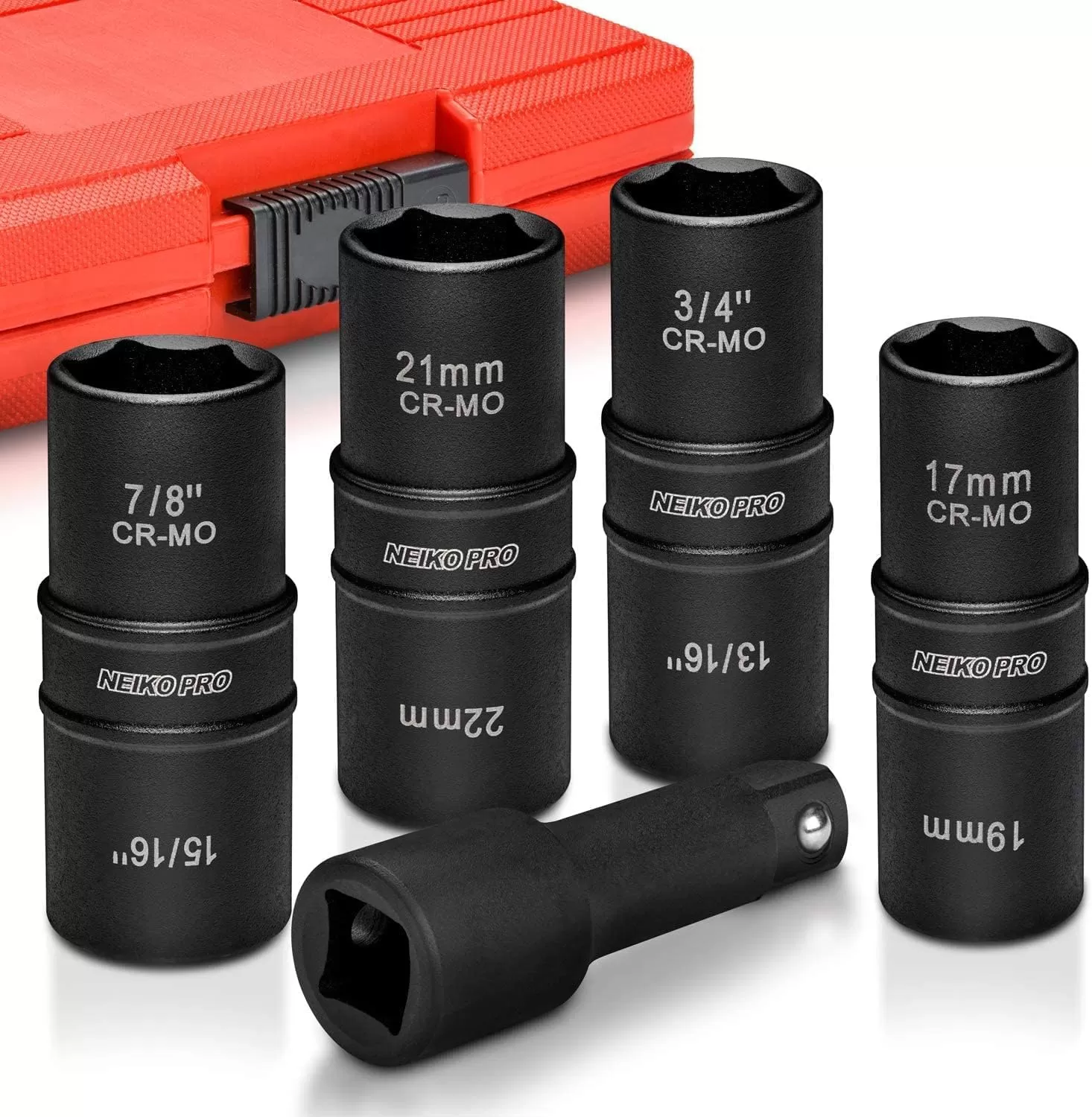 imageNEIKO 02282B 12InchDrive Impact Socket Set Flip Socket Set Chrome Moly Steel Includes 3Inch Bar Extension 8 Deep SAE and Metric Sizes 5 PiecesFlip Socket