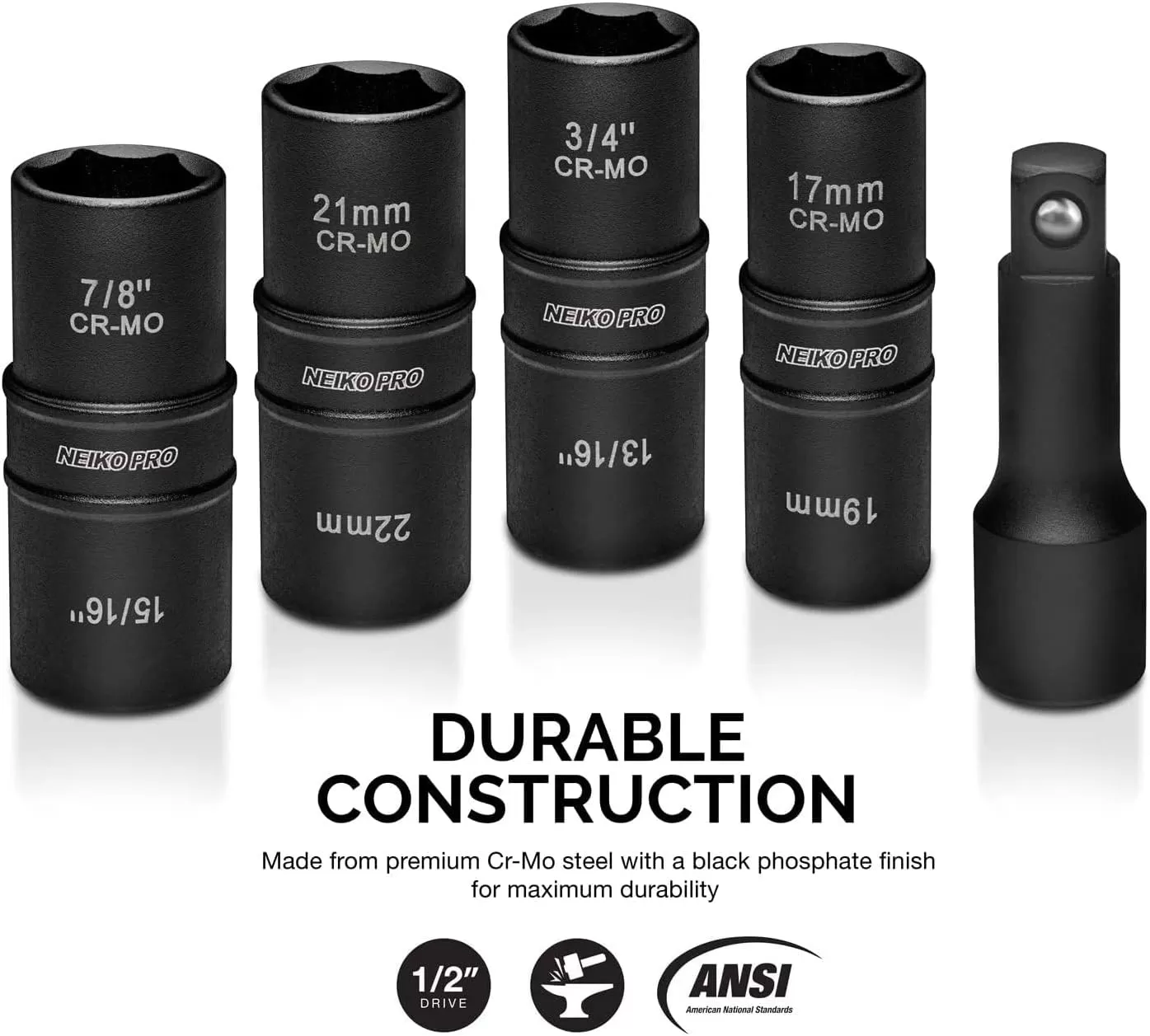 imageNEIKO 02282B 12InchDrive Impact Socket Set Flip Socket Set Chrome Moly Steel Includes 3Inch Bar Extension 8 Deep SAE and Metric Sizes 5 PiecesFlip Socket