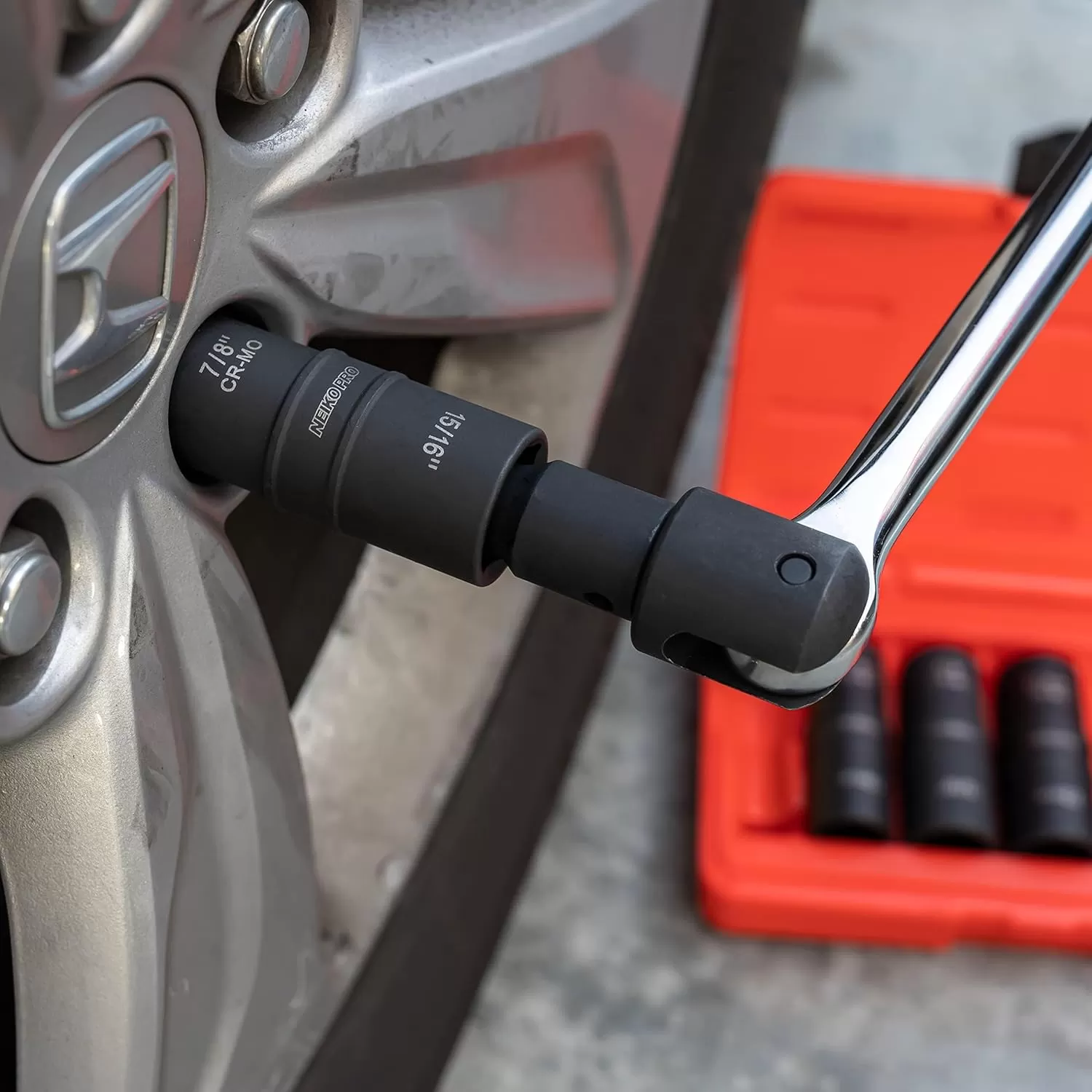 imageNEIKO 02282B 12InchDrive Impact Socket Set Flip Socket Set Chrome Moly Steel Includes 3Inch Bar Extension 8 Deep SAE and Metric Sizes 5 PiecesFlip Socket
