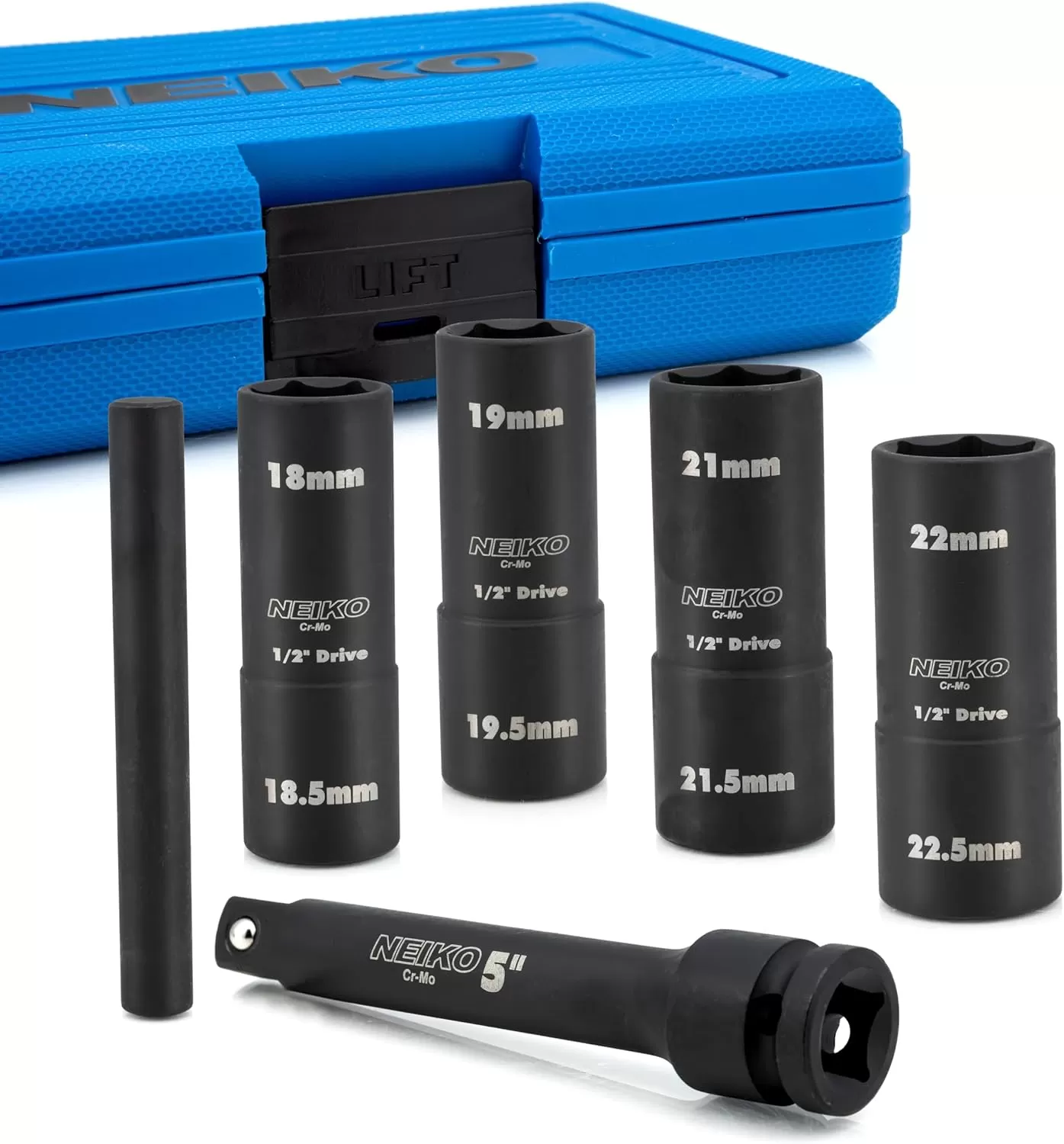 imageNEIKO 02282B 12InchDrive Impact Socket Set Flip Socket Set Chrome Moly Steel Includes 3Inch Bar Extension 8 Deep SAE and Metric Sizes 5 PiecesFlip Socket