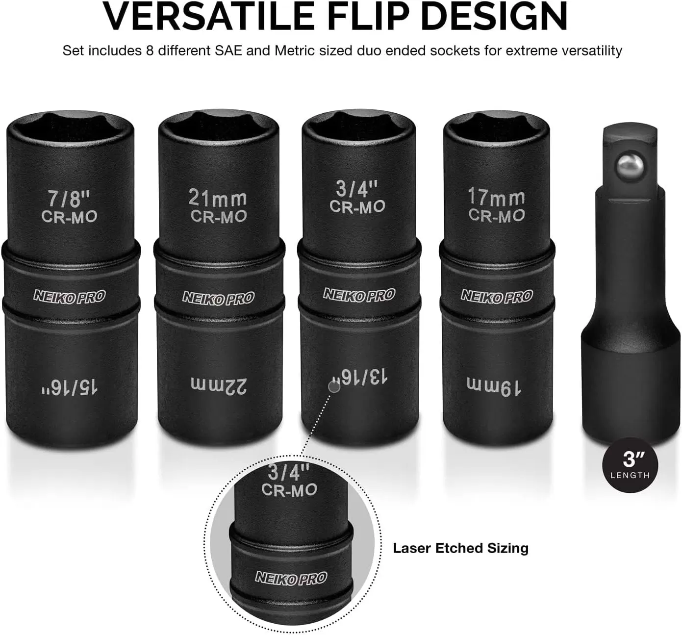 imageNEIKO 02282B 12InchDrive Impact Socket Set Flip Socket Set Chrome Moly Steel Includes 3Inch Bar Extension 8 Deep SAE and Metric Sizes 5 PiecesFlip Socket