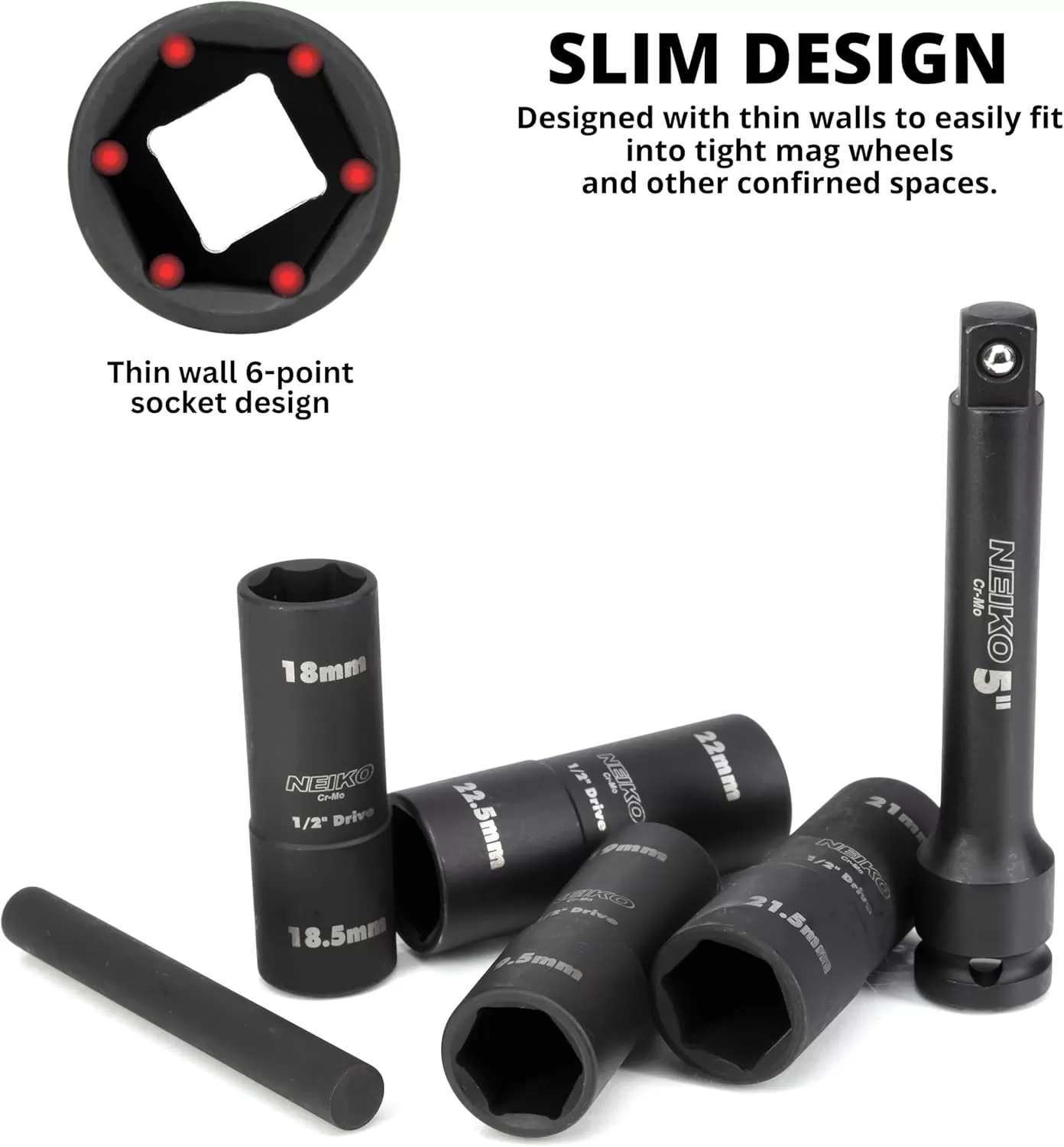 imageNEIKO 02282B 12InchDrive Impact Socket Set Flip Socket Set Chrome Moly Steel Includes 3Inch Bar Extension 8 Deep SAE and Metric Sizes 5 PiecesFlip Socket