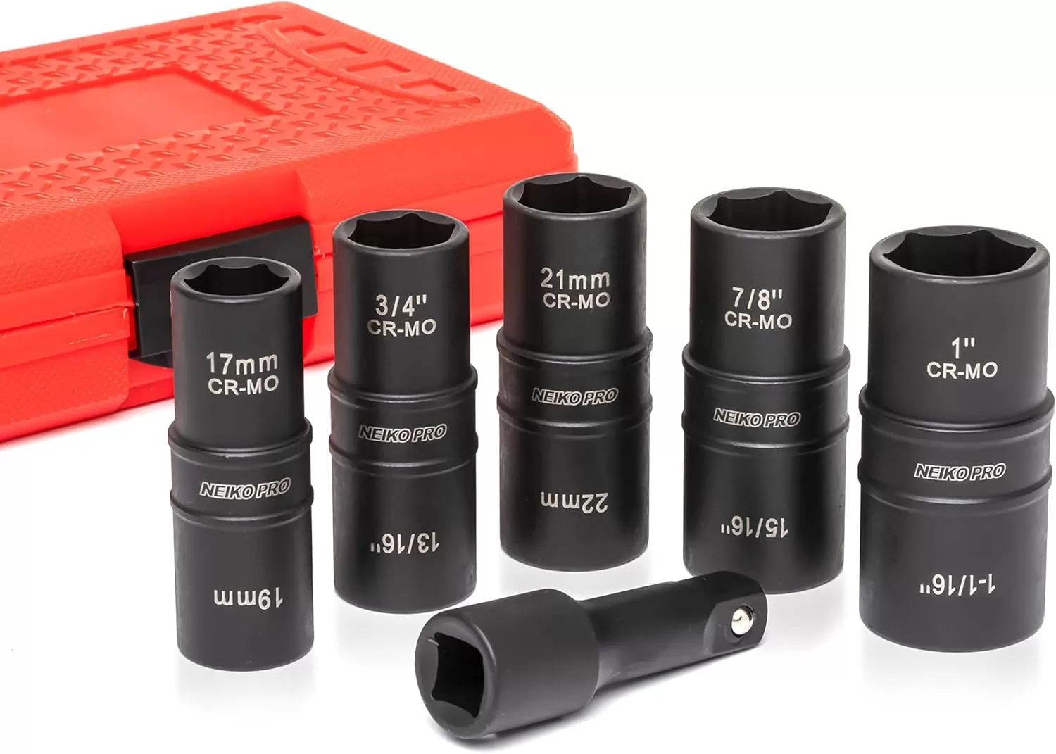 imageNEIKO 02282B 12InchDrive Impact Socket Set Flip Socket Set Chrome Moly Steel Includes 3Inch Bar Extension 8 Deep SAE and Metric Sizes 5 PiecesFlip Socket