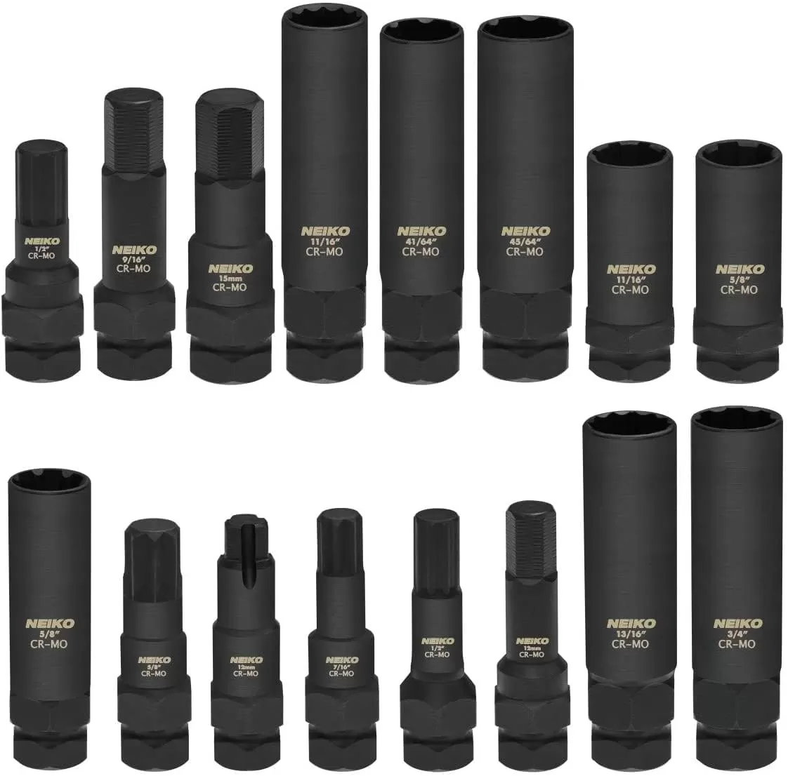 imageNEIKO 02282B 12InchDrive Impact Socket Set Flip Socket Set Chrome Moly Steel Includes 3Inch Bar Extension 8 Deep SAE and Metric Sizes 5 PiecesLug Nut Key