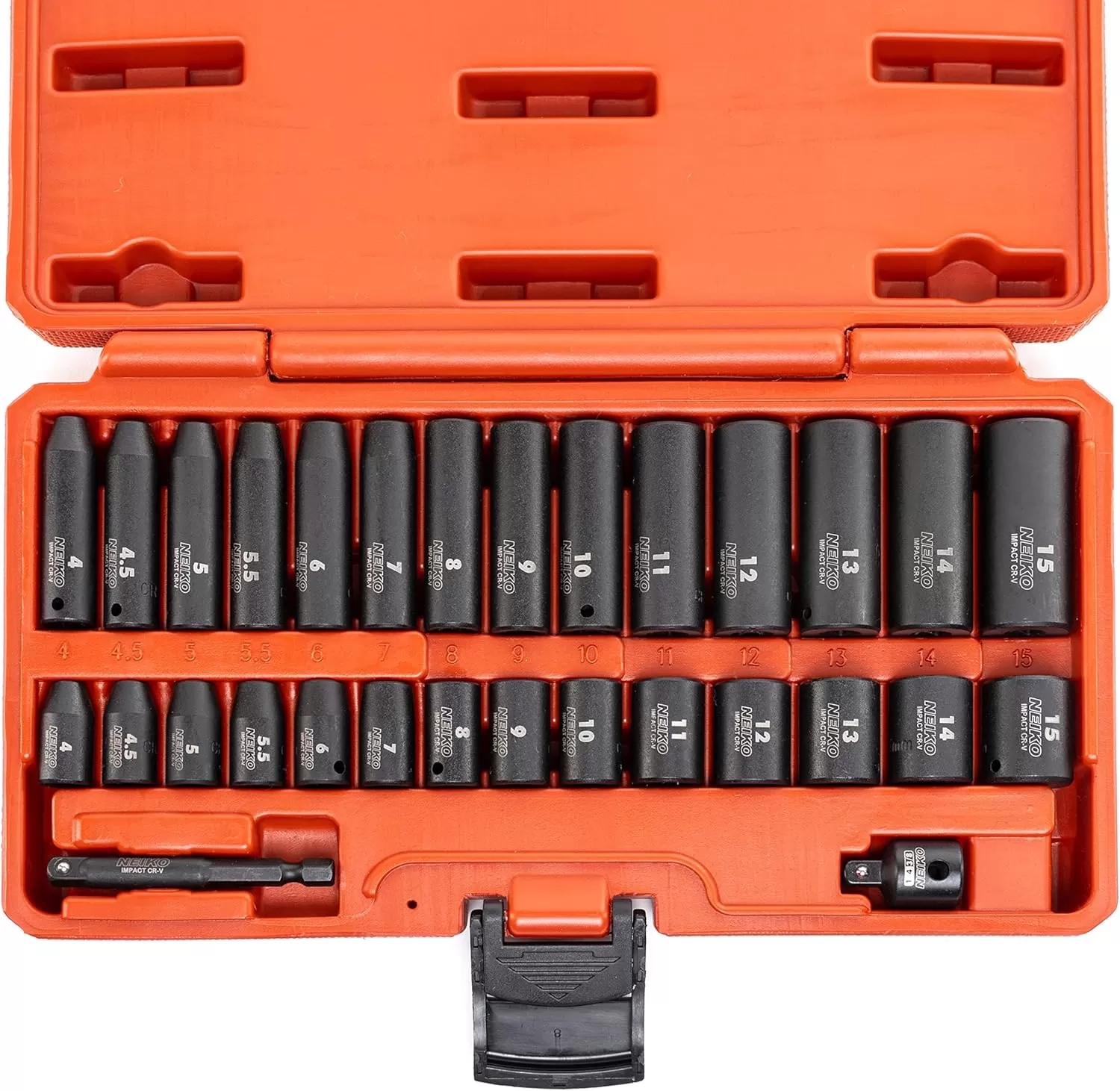 imageNEIKO 02437A 14 Drive Impact Socket Set 54 Piece Metric ampamp Standard Deep ampamp Shallow Chrome Vanadium Steel 38 to 14 Reducer Hex Shank Adapter Metric and Standard Deep Socket SetMetric