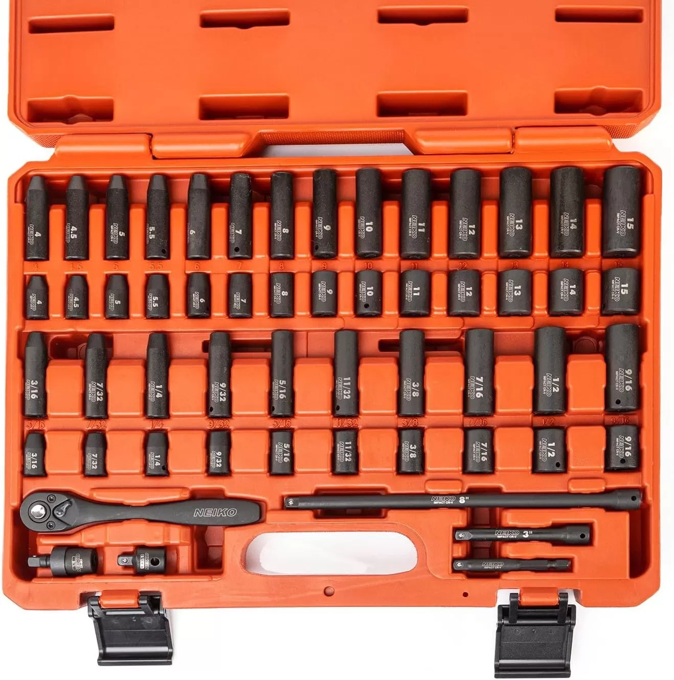 imageNEIKO 02437A 14 Drive Impact Socket Set 54 Piece Metric ampamp Standard Deep ampamp Shallow Chrome Vanadium Steel 38 to 14 Reducer Hex Shank Adapter Metric and Standard Deep Socket SetSAE and Metric
