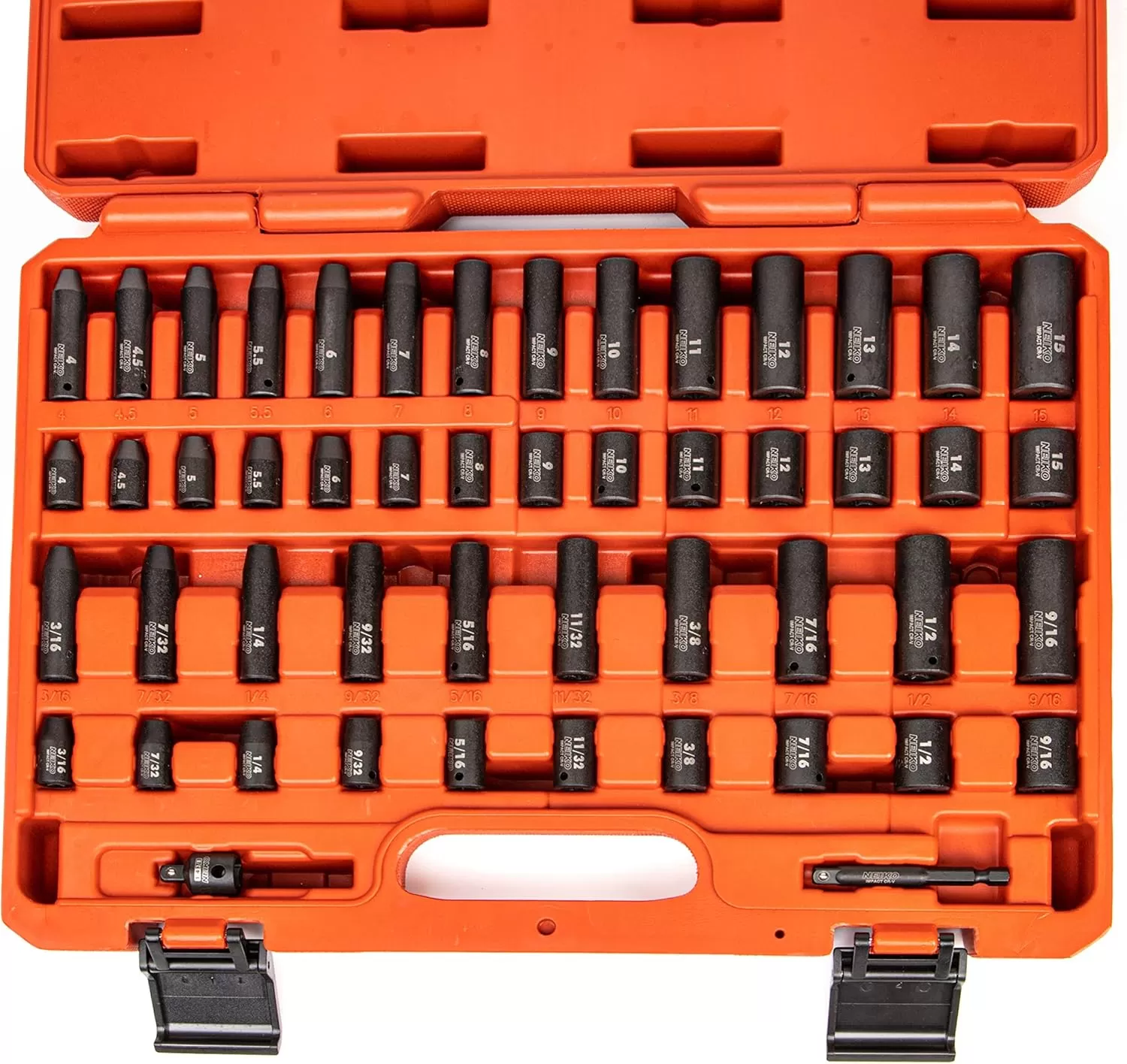 imageNEIKO 02437A 14 Drive Impact Socket Set 54 Piece Metric ampamp Standard Deep ampamp Shallow Chrome Vanadium Steel 38 to 14 Reducer Hex Shank Adapter Metric and Standard Deep Socket SetSAE and Metric