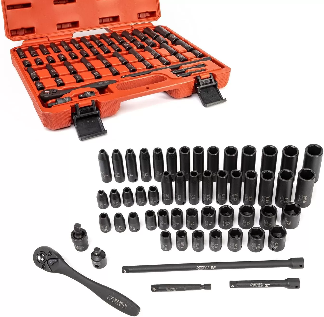 imageNEIKO 02437A 14 Drive Impact Socket Set 54 Piece Metric ampamp Standard Deep ampamp Shallow Chrome Vanadium Steel 38 to 14 Reducer Hex Shank Adapter Metric and Standard Deep Socket SetSAE and Metric
