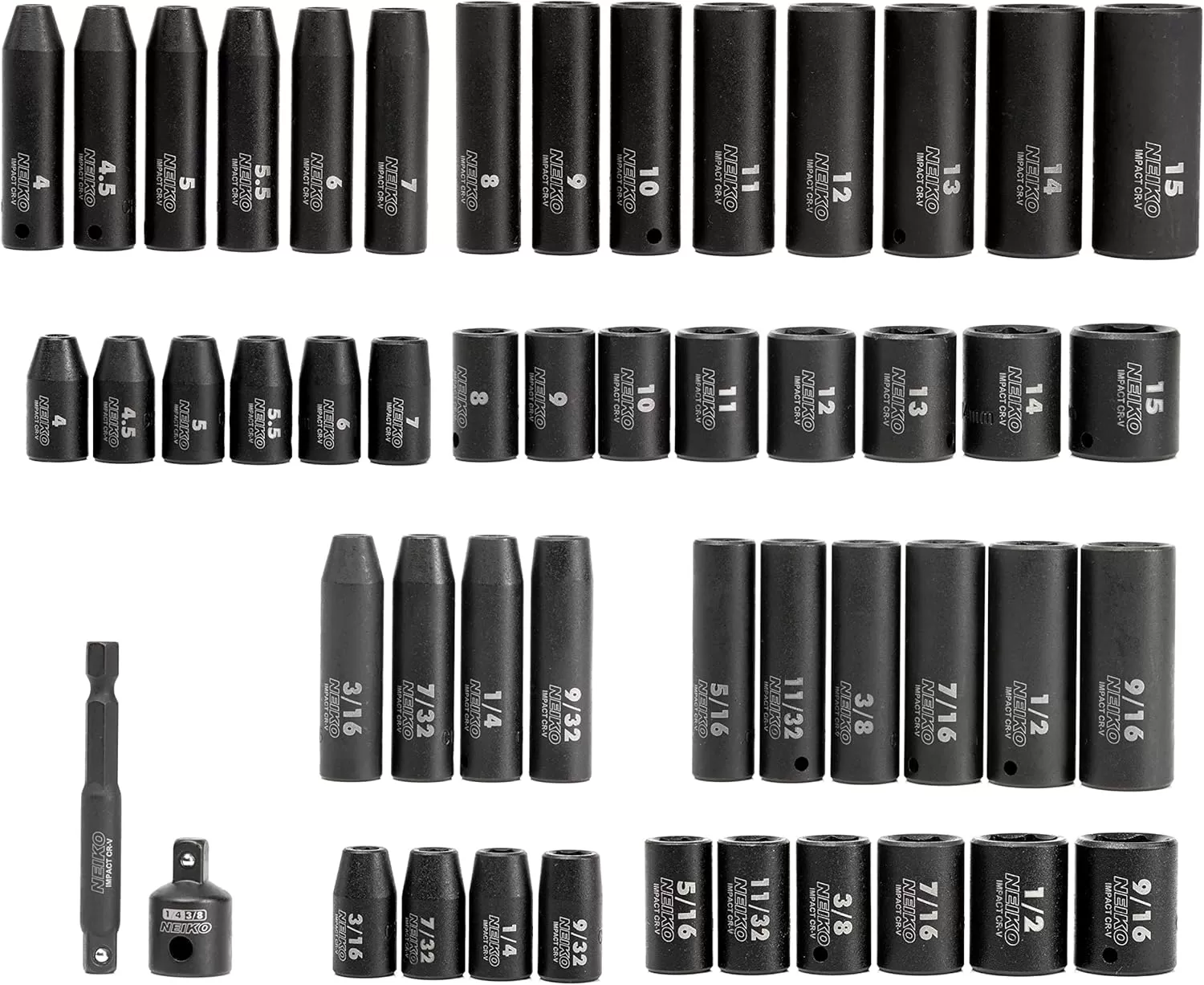 imageNEIKO 02437A 14 Drive Impact Socket Set 54 Piece Metric ampamp Standard Deep ampamp Shallow Chrome Vanadium Steel 38 to 14 Reducer Hex Shank Adapter Metric and Standard Deep Socket SetSAE and Metric