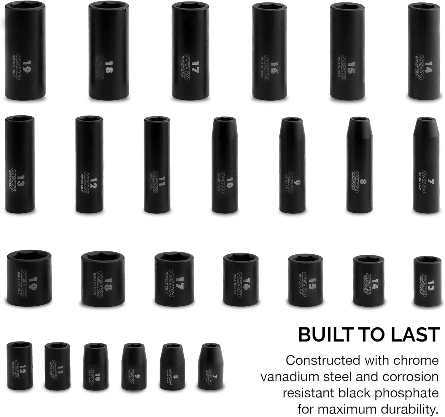 imageNEIKO 02440A 38InchDrive Impact Socket Set SAE Sizes 516quot to 34quot and Metric Sizes 8 mm to 19 mm Includes Extension Bars and UJoint 44 PiecesMetric