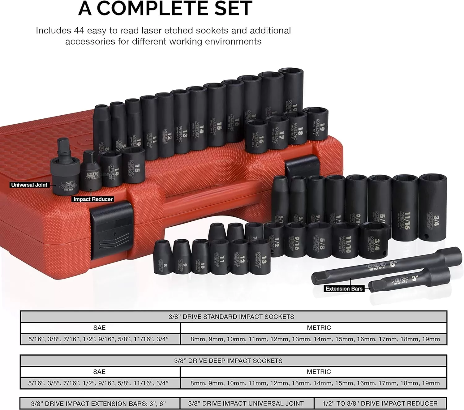 imageNEIKO 02440A 38InchDrive Impact Socket Set SAE Sizes 516quot to 34quot and Metric Sizes 8 mm to 19 mm Includes Extension Bars and UJoint 44 PiecesSAE and Metric