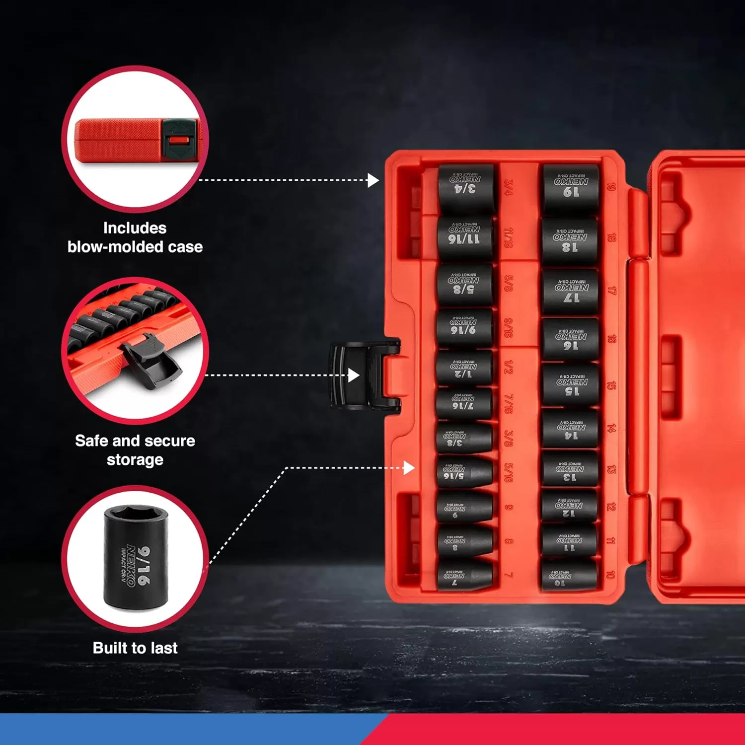 imageNEIKO 02440A 38InchDrive Impact Socket Set SAE Sizes 516quot to 34quot and Metric Sizes 8 mm to 19 mm Includes Extension Bars and UJoint 44 PiecesSAE and Metric