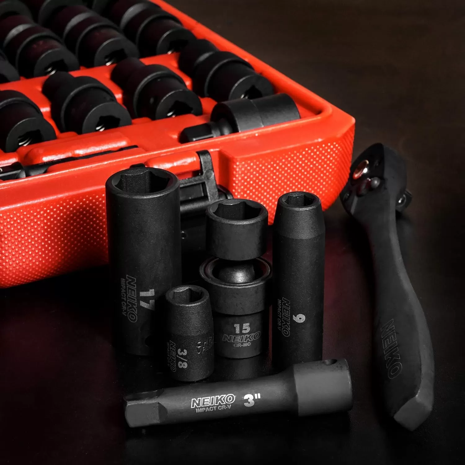 imageNEIKO 02440A 38InchDrive Impact Socket Set SAE Sizes 516quot to 34quot and Metric Sizes 8 mm to 19 mm Includes Extension Bars and UJoint 44 PiecesSAE and Metric