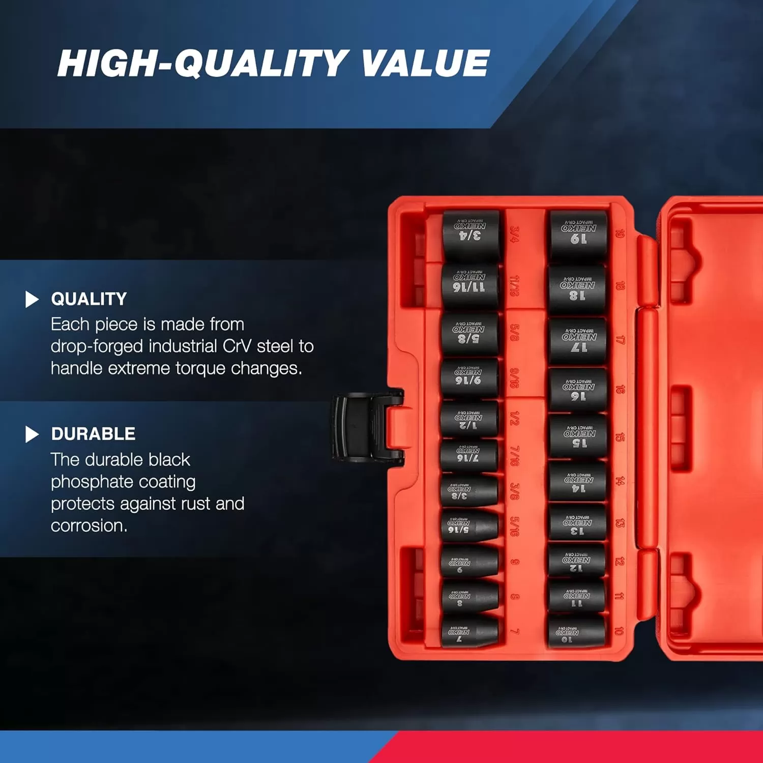 imageNEIKO 02440A 38InchDrive Impact Socket Set SAE Sizes 516quot to 34quot and Metric Sizes 8 mm to 19 mm Includes Extension Bars and UJoint 44 PiecesSAE and Metric