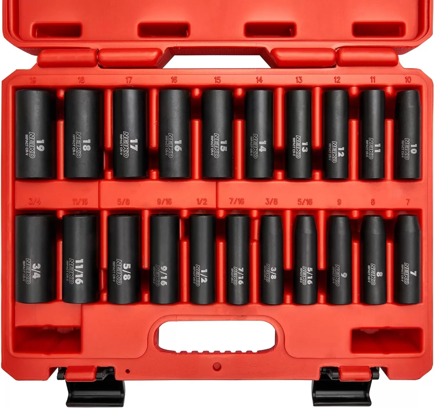 imageNEIKO 02440A 38InchDrive Impact Socket Set SAE Sizes 516quot to 34quot and Metric Sizes 8 mm to 19 mm Includes Extension Bars and UJoint 44 PiecesSAE and Metric