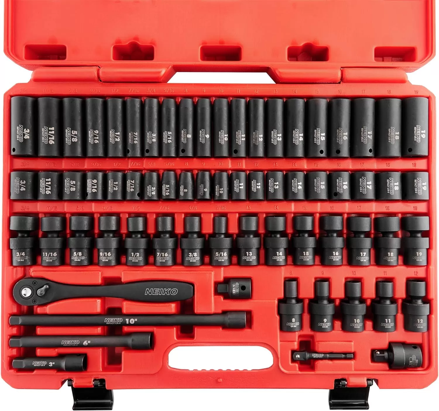 imageNEIKO 02440A 38InchDrive Impact Socket Set SAE Sizes 516quot to 34quot and Metric Sizes 8 mm to 19 mm Includes Extension Bars and UJoint 44 PiecesSAE and Metric