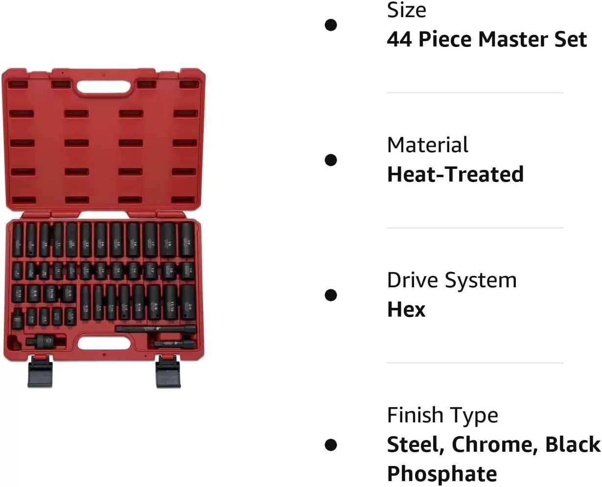 imageNEIKO 02440A 38InchDrive Impact Socket Set SAE Sizes 516quot to 34quot and Metric Sizes 8 mm to 19 mm Includes Extension Bars and UJoint 44 PiecesSAE and Metric