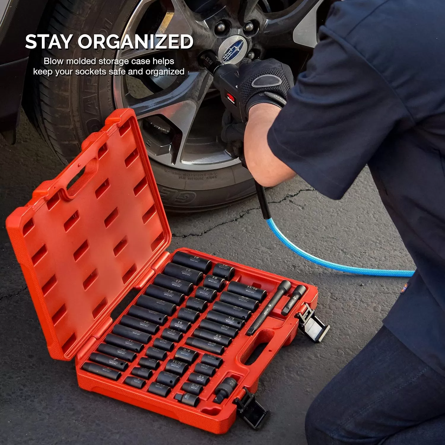 imageNEIKO 02440A 38InchDrive Impact Socket Set SAE Sizes 516quot to 34quot and Metric Sizes 8 mm to 19 mm Includes Extension Bars and UJoint 44 PiecesSAE and Metric