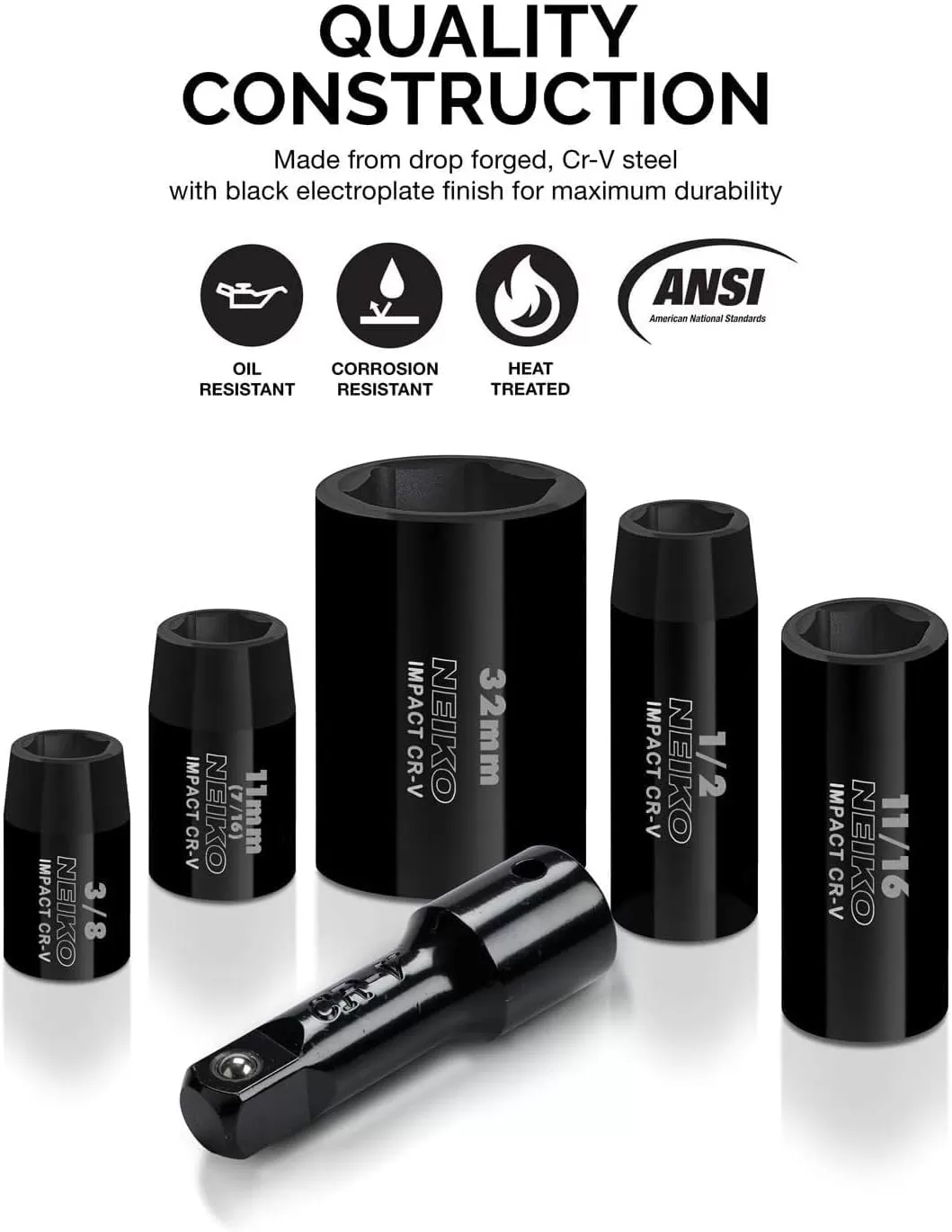 imageNEIKO 02440A 38InchDrive Impact Socket Set SAE Sizes 516quot to 34quot and Metric Sizes 8 mm to 19 mm Includes Extension Bars and UJoint 44 PiecesSAE and Metric